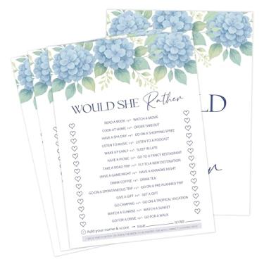 Imagem de Something Blue Before I Do Bridal Shower Games, Dusty Blue Hydrangea Bridal Shower Bingo Game para 30 convidados com cartas de jogo, decoração de chá de panela, suprimentos de decoração de casamento