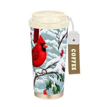 Imagem de TSENQUE Caneca de café de viagem de 473 ml com revestimento cerâmico, caneca de café de aço inoxidável com tampa e canudo, copo isolado a vácuo, pássaros vermelhos de Natal neve