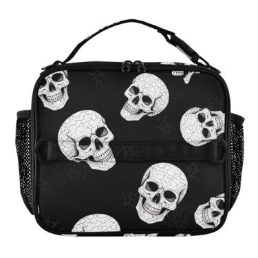 Imagem de Joisal Lancheira preta com textura de caveiras brancas para mulheres, meninas, com alça de ombro, lancheira masculina e infantil, para trabalho, escola, bolsa térmica divertida e fofa