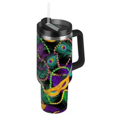 Imagem de Joisal Copos com tampa e canudos máscara colorida de carnaval dourado roxo copo de 1,134 g com alça cores garrafa de água isolada copo de café de carro de aço inoxidável