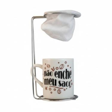 Imagem de Caneca de Porcelana com Coador de Café, Branca, 120ml, Suporte Metálico, Refil de Algodão Incluído