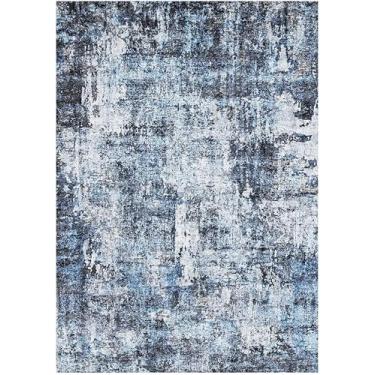 Imagem de Tapete lavável de 10 x 20 cm – Tapete de borracha antiderrapante para entrada, cozinha, corredor | Tapete fino abstrato moderno neutro de pilha baixa para quarto, sala de estar, escritório (azul)