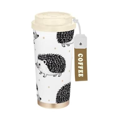 Imagem de TSENQUE Copo para caneca de café de viagem de 473 ml, copo de café com revestimento cerâmico com canudo e tampa de filme, copo isolado a vácuo de aço inoxidável, ouriço fofo, cinza, preto animal