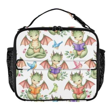 Imagem de Joisal Lancheira verde com desenho de dragões fofos, meninas, mulheres, lancheira, infantil, masculina, lancheira para trabalho, bolsa térmica portátil com alça de ombro ajustável