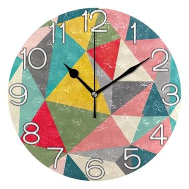 Imagem de GAIGEO Relógio de parede analógico decorativo estético silencioso sem tique-taque relógio de cozinha fofo, decoração de parede moderna casa de fazenda triângulos geométricos coloridos, 25 cm