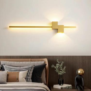 Imagem de Arandela LED Interior Moderna Criativa Minimalista Lâmpadas de Parede Longas Linear Alumínio Metal Iluminação de Parede para Quarto Cabeceira Sala de Estar Escadaria (Luz Neutra Dourada, 100 cm)