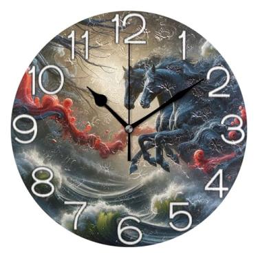 Imagem de GAIGEO Relógio de parede analógico decorativo relógio de cozinha bonito operado por bateria silencioso, moderno decoração de parede de sala de estar preto cavalo ondas anime, 25 cm, ponteiros pretos