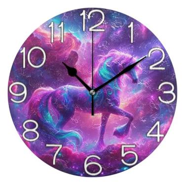Imagem de GAIGEO Relógio de parede analógico decorativo operado por bateria para quarto e cozinha, decoração de parede moderna para sala de estar, fantasia de unicórnio brilhante roxo, 25 cm, ponteiros pretos