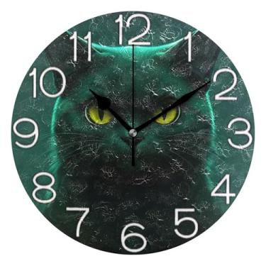 Imagem de GAIGEO Relógio de parede analógico decorativo relógio de cozinha bonito redondo sem tique-taque silencioso, sala de estar, decoração de parede moderna, gato preto legal, 25 cm, ponteiros dourados