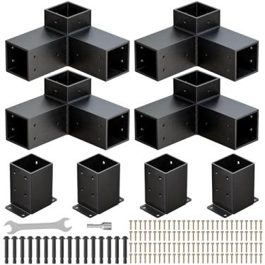 Imagem de Kit de pérgola, suportes resistentes de pérgola de 3 vias para madeira serrada de 10 cm x 10 cm (real 8,9 cm x 8,9 cm), kit de suporte de gazebo à prova de ferrugem DIY com suporte de canto de ângulo