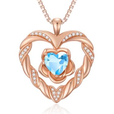 Imagem de WYDDO Colares de coração de flor rosa para mulheres, mãe, pedra do mês de nascimento, pingente, aniversário, Natal, Dia dos Namorados, joias presentes para sua esposa, filha, mãe, One Size, Base