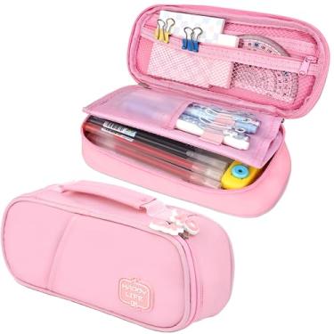 Imagem de Teackbd Estojo de lápis grande, bolsa de armazenamento grande com compartimento para material escolar, escritório, faculdade, adolescentes, meninos, meninas, adultos, rosa atualizado