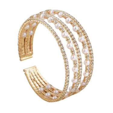 Imagem de Bracelete Feminino Festa com 5 Pulseiras de Strass e Pérolas Cor:Doura