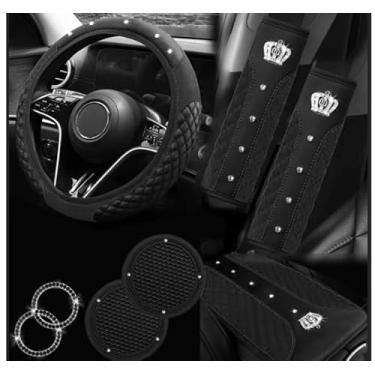 Imagem de NBTEPEM Conjunto de acessórios de carro com 6 peças, capas de volante de couro universais de 36,8 a 38 cm, capa de console central, almofada de cinto de segurança, porta-copos (preto)