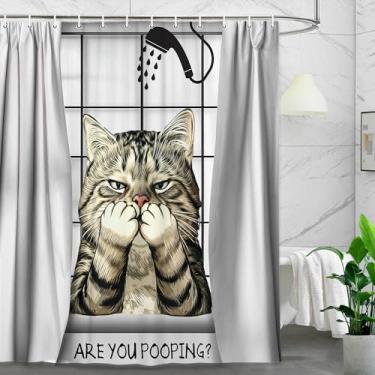 Imagem de Cortina de chuveiro de gato engraçada, você está cocô gatos curiosos, retrô, humorística, extravagante, conjunto de cortina de chuveiro com ganchos para decoração de banheiro, 180 x 170 cm