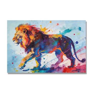 Imagem de NHLDZYH Pintura de leão colorida, impressão de arte abstrata vibrante, decoração de parede de animais selvagens e enérgicos, tela contemporânea moderna para quarto, academia, quarto de crianças. A67