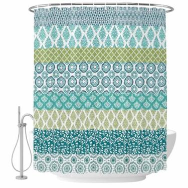 Imagem de Cortina de chuveiro boho azul petróleo, padrão geométrico, tecido impermeável, conjunto de cortinas de chuveiro, decoração de casa, lavável na máquina