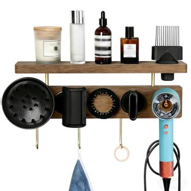 Imagem de Affogato Suporte de armazenamento de nogueira compatível com secador de cabelo supersônico Dyson, suporte de parede com prateleira organizadora para banheiro, quarto, madeira de nogueira