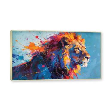 Imagem de NHLDZYH Moldura dourada. Quadro abstrato de leão - arte moderna com salpicos de cor vibrante - arte de parede energética para casa, escritório ou negócios - tela decorativa. A98. 60 x 108 cm.