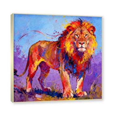 Imagem de Moldura dourada. Arte abstrata de respingos de leão, pintura colorida de animais em tela, decoração de parede expressiva moderna para sala de estar ou escritório. A07. 80 x 80 cm - 31,5 x 31,5 pol.