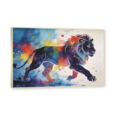 Imagem de NHLDZYH Moldura dourada. Pintura de leão colorida, impressão de arte abstrata vibrante, decoração de parede de animais selvagens e enérgicos, tela contemporânea moderna para quarto, academia, quarto