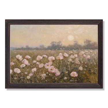 Imagem de horakey Pôster vintage de paisagem de flores silvestres rosa pastel sereno flores de prado arte de parede rosa primavera sonhador impressões botânicas para casa quarto dormitório decoração de parede