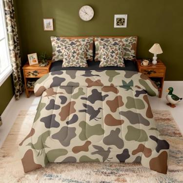 Imagem de Castle Fairy Jogo de cama de caçador de pato verde camuflagem caça 7 peças, Queen Size preto e marrom todas as estações, cama em uma bolsa com edredom, lençóis, fronhas, conjunto de cama militar
