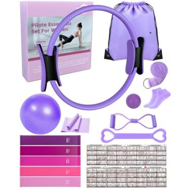 Imagem de KABCON Conjunto essencial de equipamento de pilates para mulheres em casa com guia do usuário completo, anel de pilates de 33 cm, bola de exercício de 25 cm, faixas de resistência, meias de ioga, alça