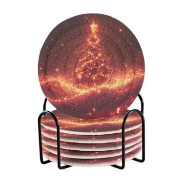 Imagem de Blueangle 6 peças de porta-copos de árvore de Natal estrelas brilhantes para bebidas, porta-copos de tecido redondo super absorvente para mesa de café, proteção de mesa para decoração de casa (540)
