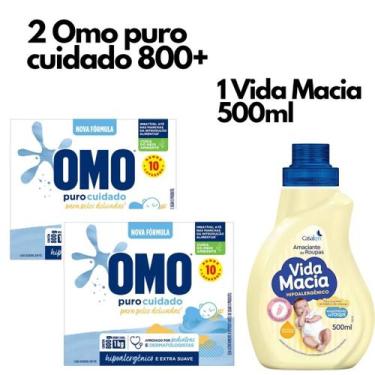 Imagem de 1 Amaciante de Roupas Bebe Vida Macia + 2 Omo Puro Cuidado 800g Lavand