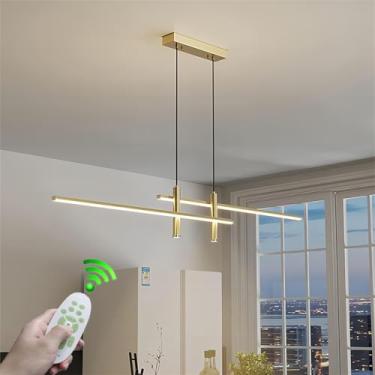 Imagem de Lustre moderno de LED linear com controle remoto e dimerização, com iluminação de foco. Ideal para cozinhas, ilhas, salas de estar e escritórios. Luminária de teto em metal preto (Cor: Doura