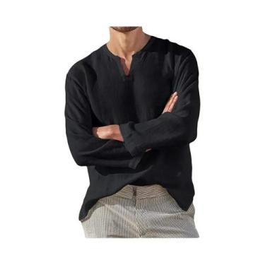 Imagem de Camisa Casual Masculina De Algodão E Linho Leve Com Decote Em V E Mang