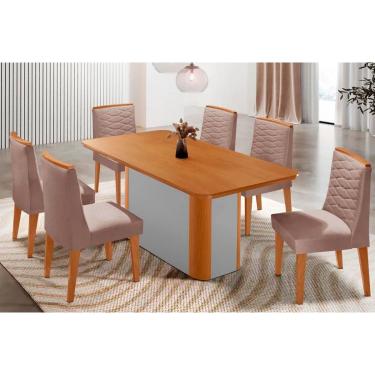 Imagem de Sala Jantar Mesa Pietá Tampo Curvo 180cm+6 Cadeiras Maldivas Madeira Naturale/Off White - Capuccino/Linho Capuccino - Rufato