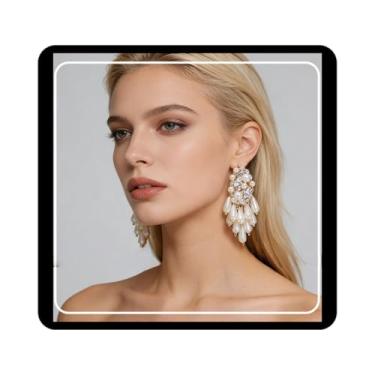 Imagem de RELOVET Brincos pendentes de casamento pérola cristal ouro floral declaração joias de formatura para mulheres noivas, Cristal