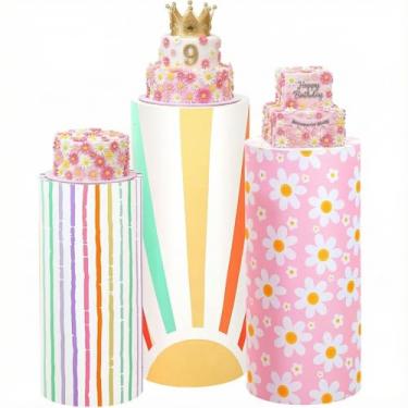Imagem de Mindsoft Conjunto de 3 capas de suporte cilíndrico de elastano para festas, capas de pedestal de cilindro flexível, mesas de sobremesa para decoração de festa de aniversário, casamento, chá de bebê