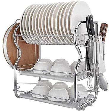 Imagem de U5GAAALPPQ9 Escorredor de pratos escorredor de pratos 3 camadas cromado cozinha louças talheres suporte organizador com suporte de placa removível (cor: prata, tamanho: A) (prata B)