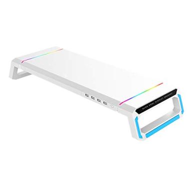 Imagem de Suporte de elevação para monitor com portas USB, organizador de armazenamento de mesa com lâmpada de LED, suporte de tela dobrável com gaveta para laptop, computador, PC (branco)