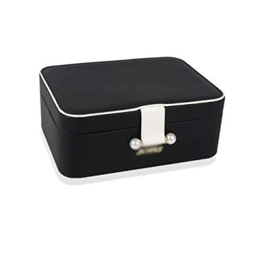 Imagem de U5GAAALPPQ9 Caixa de joias simples caixa de joias de couro sintético 2 camadas organizador de joias exibição pulseiras de armazenamento brincos suporte de anel de armazenamento (cor: rosa) (preto)
