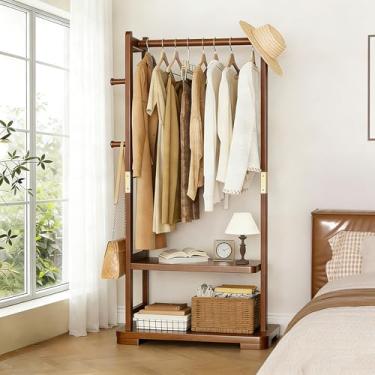 Imagem de Cabideiro de madeira maciça com 2 prateleiras e 4 ganchos para pendurar roupas, carteiras, chapéus, cabideiro, resistente, com hall de armazenamento, árvore para corredor, quarto, sala de estar