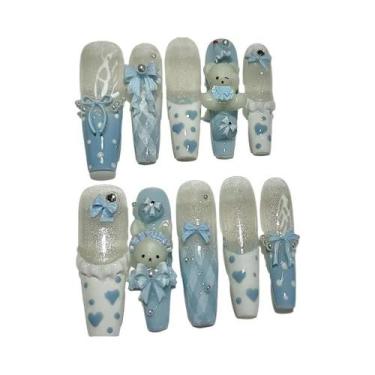 Imagem de Unhas Postiças De Urso De Pelúcia Rosa Com Pérolas E Coração Brilhante