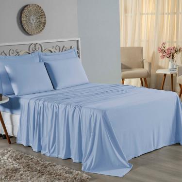 Imagem de Jogo De Cama King Nobre 4 Peças Lençol Com Elástico De 30cm De Altura Malha 100% Algodão - Azul-bebê