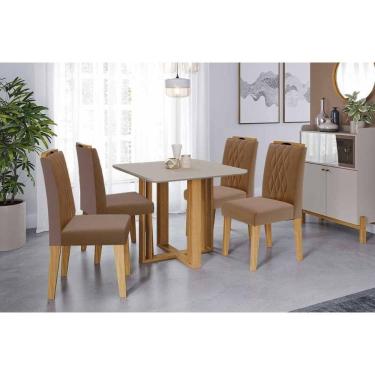 Imagem de Conjunto: Mesa Sala Jantar Flora Tampo Madeirado c/ Vidro 95x95cm e 4 Cadeiras Juliana Cinamomo/Off White - Carvalho/Suede Joli Capuccino Cimol