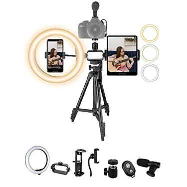 Imagem de Acuvar Kit de vlogging premium de 9 peças para iPhone, Android e câmeras – microfone, tripé e luz LED – YouTube, TikTok e conjunto de criador de conteúdo