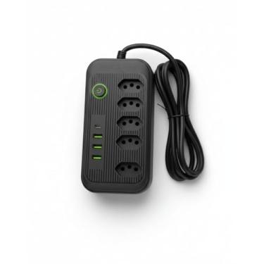 Imagem de Extensão Tomada Régua Tomada Régua de Energia 5 Tomadas 4 Interfaces USB 1 Porta USB Tipo-C Cabo de Alimentação de 2 Metros Suporte a Tensão de 110-220V Potência de 2500W (PRETO)