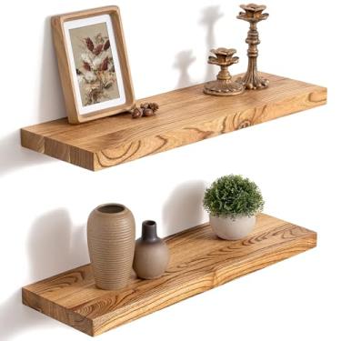 Imagem de Prateleiras flutuantes de 61 cm para parede, prateleiras de madeira maciça de 20 cm D para armazenamento de decoração, prateleiras de parede rústicas com suportes resistentes invisíveis para sala de