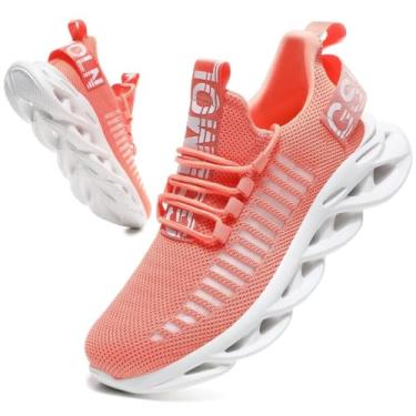 Imagem de Jakcuz Tênis feminino de caminhada com cadarço, respirável, ultraleve, esportivo, casual, feminino, moderno, moderno, Laranja/branco, 37