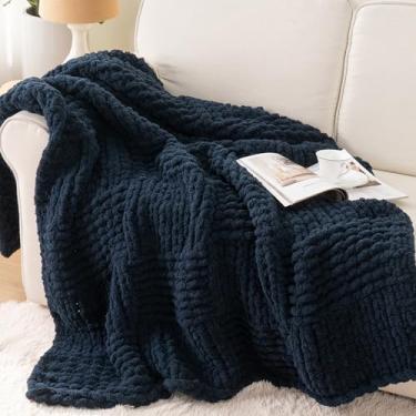 Imagem de Bunnikins & Clover Cobertor azul marinho para sofá, cobertor de malha grossa azul-marinho para decoração de casa, manta de malha de chenille feita à mão, 127 x 152 cm