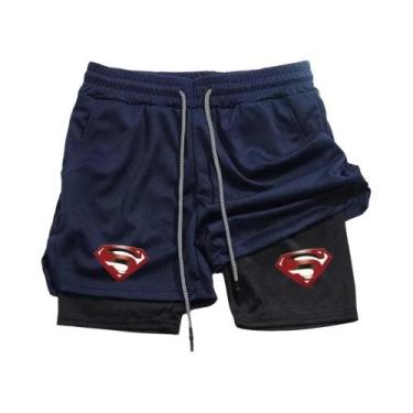 Imagem de Shorts De Treino Masculinos 2 Em 1 Com Estampa De Super-Herói, Bolso P