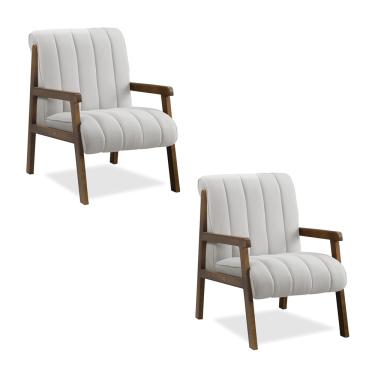 Imagem de Poltrona Decorativa Sala Base de Madeira kit 2 Daline Bouclê Cinza Claro E03 - D'Rossi