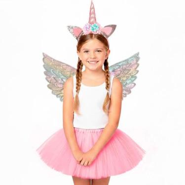 Imagem de Fantasia Unicórnio Infantil pra Menina Kit Saia Asa e Tiara com Chifre